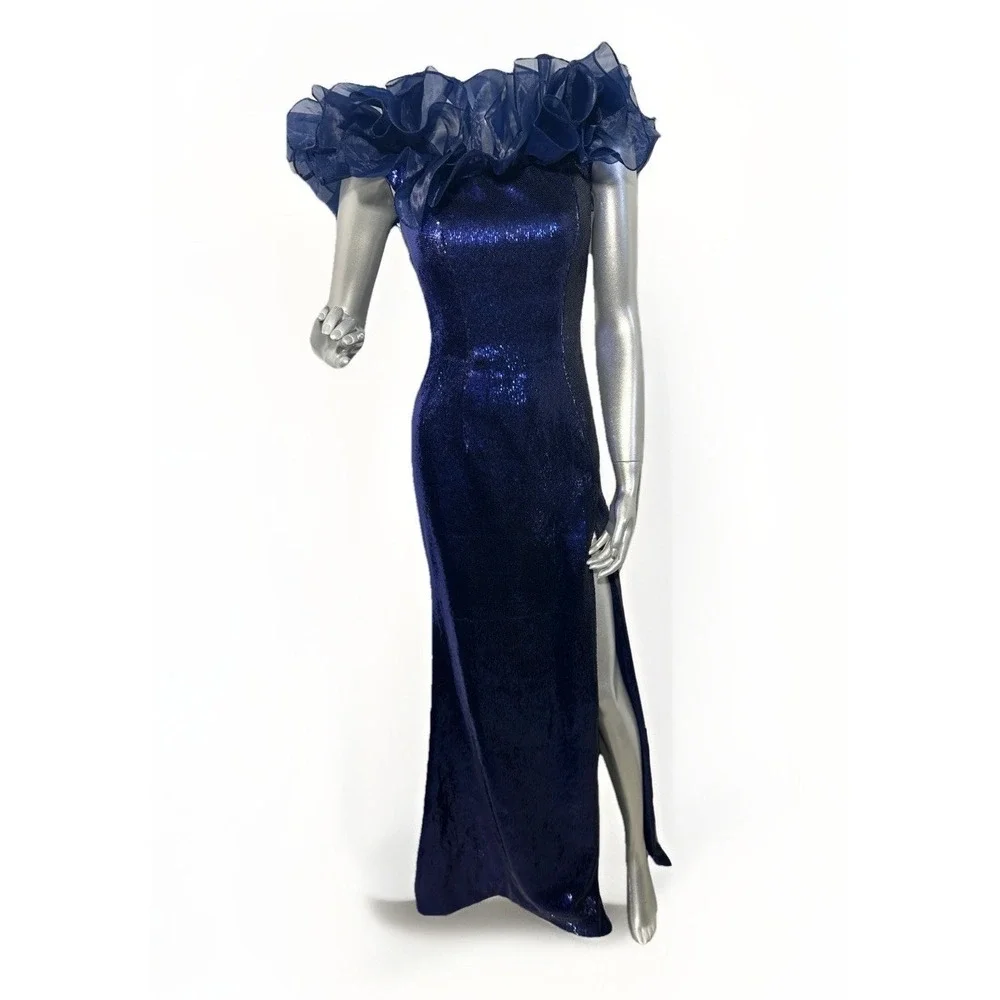 Sherri Hill 55328 Navy Blue Sequin Off-The-Shoulder Ruffle Gown – Size 00